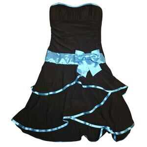 Vintage Y2K Deb Tiered Party Dress Black Knit Blue Satin Size S Hoco Whimsigoth